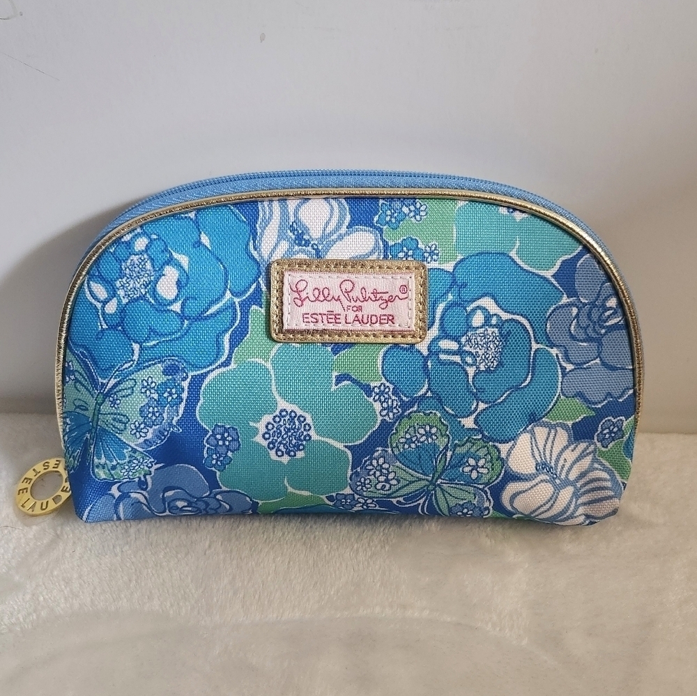 Lilly Pulitzer Estee Lauder Blue Green Floral Butterflies Cosmetic Makeup Bag